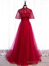 Burgundy Tulle Sequins Strapless Prom Dress With Shawl